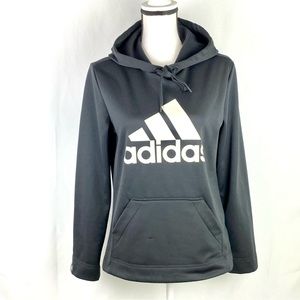 Adidas Black with white Logo Kangaroo Pocket, Slight Hi/Low Hoodie Size …